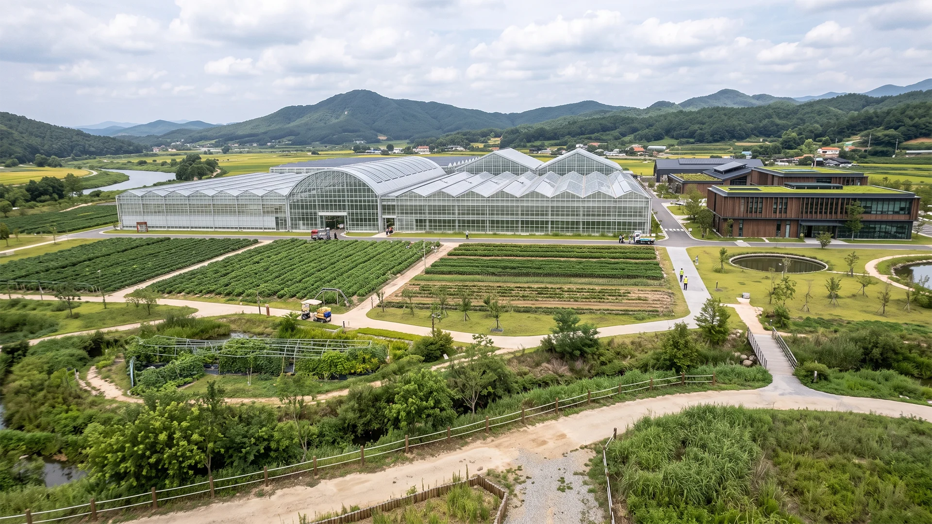 스마트팜 유리 온실과 작물 재배 구역, 관리동의 배치를 보여주는 건축 조감도