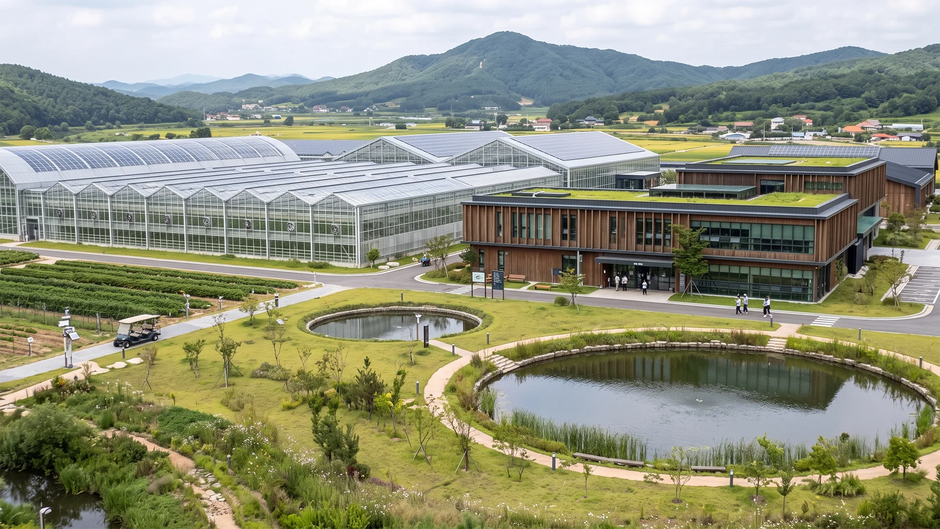 스마트팜 관리동과 녹화 지붕, 조경 산책로 및 연못을 표현한 건축 조감도