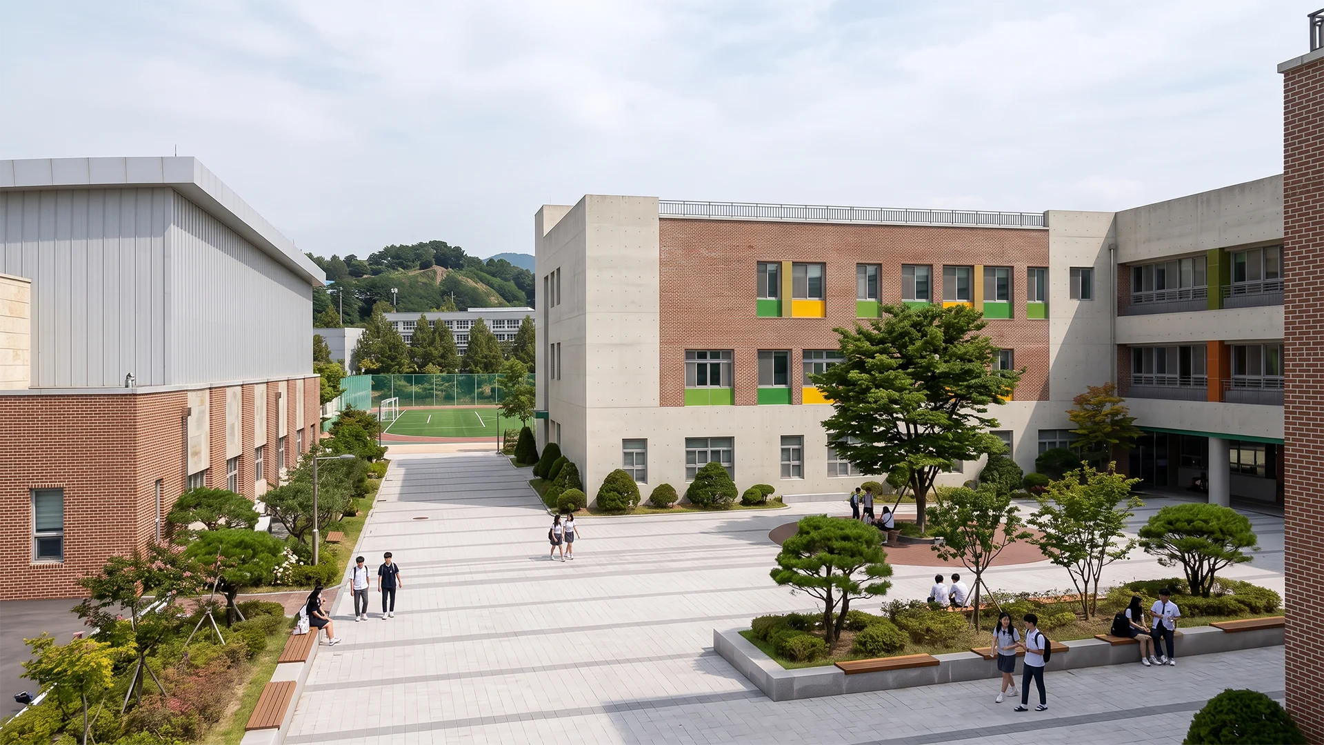 예산초등학교 건물 사이의 외부 공간과 보행 동선, 조경 및 휴게 공간을 표현한 학교 건축 투시도