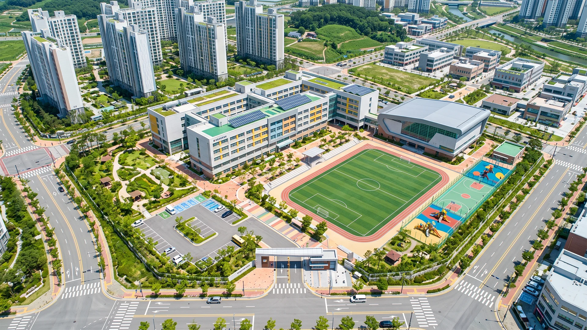 교육시설 조감도 제작 이미지로 학교 건축물과 체육관, 운동장 및 주변 주거단지의 전체 배치를 표현한 건축 시각화