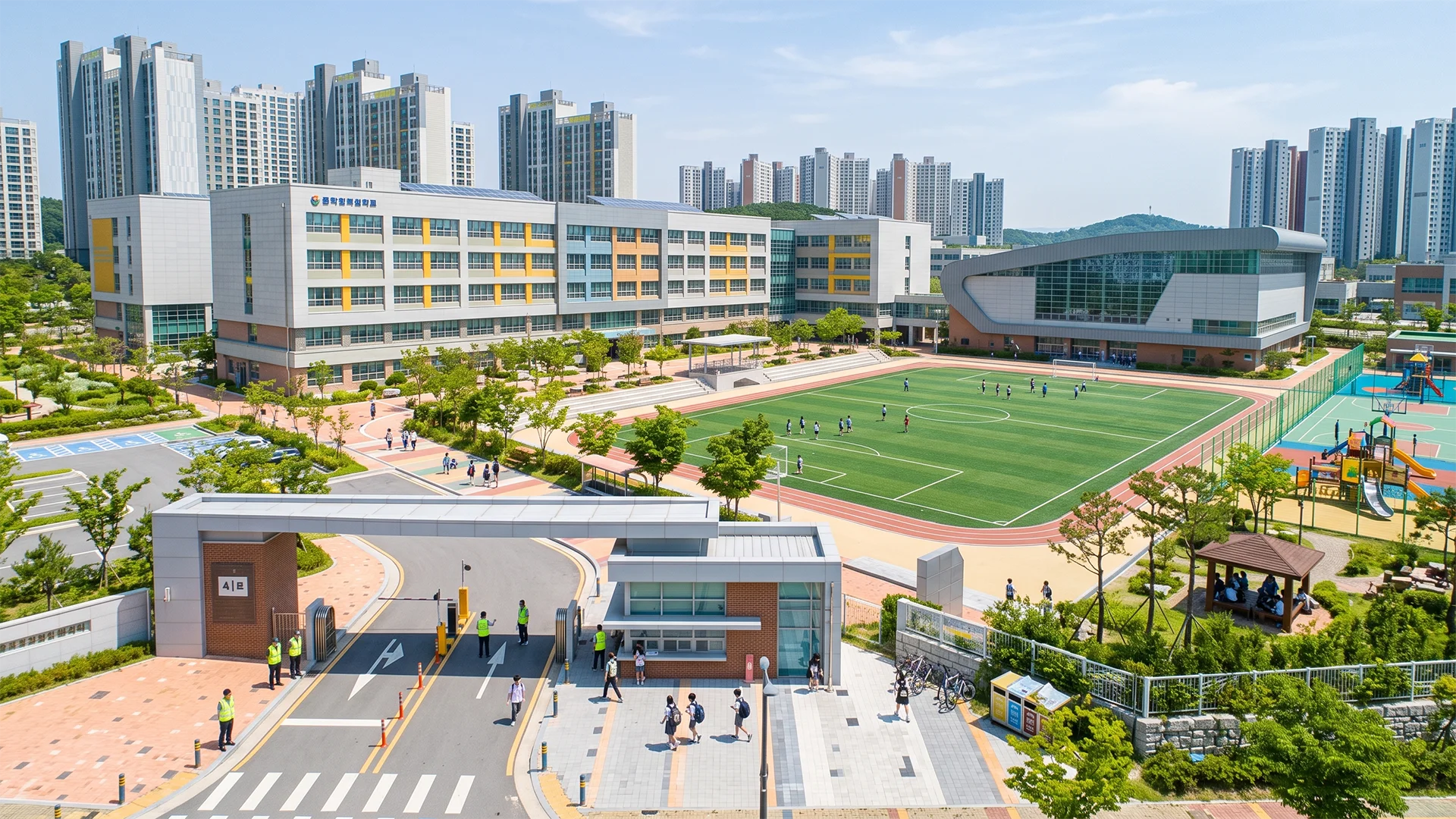 학교 정문과 진입로, 교사동, 체육관 및 운동장 배치를 보여주는 학교 건축 조감도