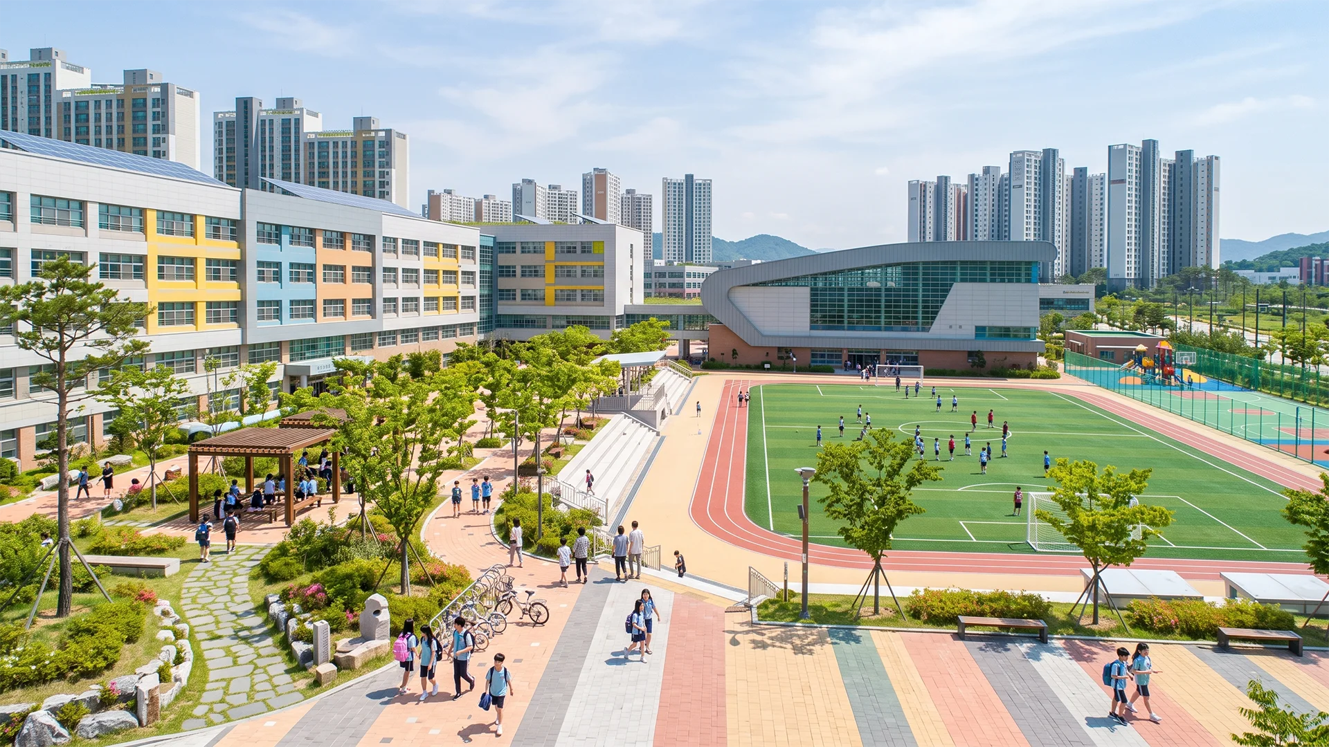 학교 건축물과 보행 동선, 녹지 및 휴게 공간을 함께 표현한 조경 및 외부공간 디자인