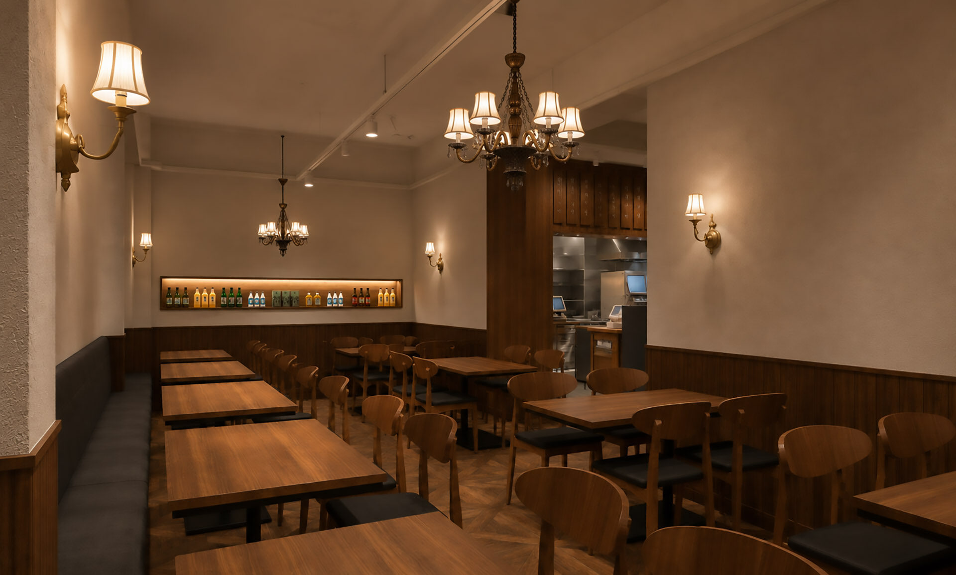 우드 마감과 클래식 샹들리에가 조화를 이룬 주점 인테리어 실내투시도